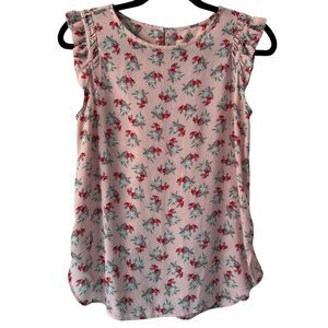 LOFT Petite Small Spring Leaf Flutter Shell Floral Blouse - Pink Red Green